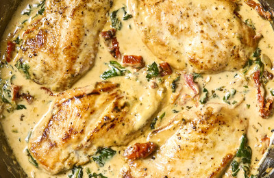 Quick Tuscan Chicken with Farro in a Skillet