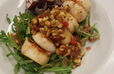 Pan-Seared Scallops atop Arugula, Lentils, and Butter Beans