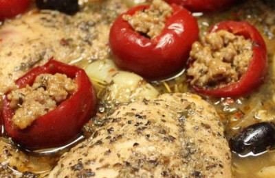 Spicy Chicken Mediterranean Style with Sausage-Stuffed Cherry Peppers