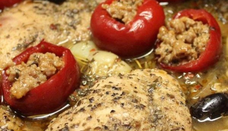 Spicy Chicken Mediterranean Style with Sausage-Stuffed Cherry Peppers