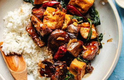 Sautéed Chinese Eggplant, Tofu, and Thai Basil