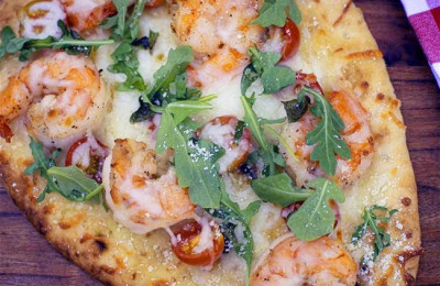 Shrimp Alfredo on Naan Bread
