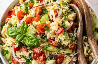 Cucumber and Tomato Orzo with Feta