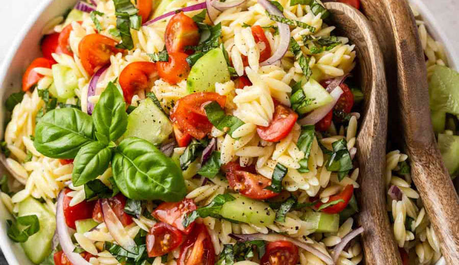Cucumber and Tomato Orzo with Feta