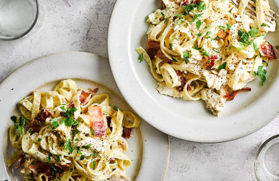 Pasta Tossed with Chicken, Bacon, and Seasonal Vegetables