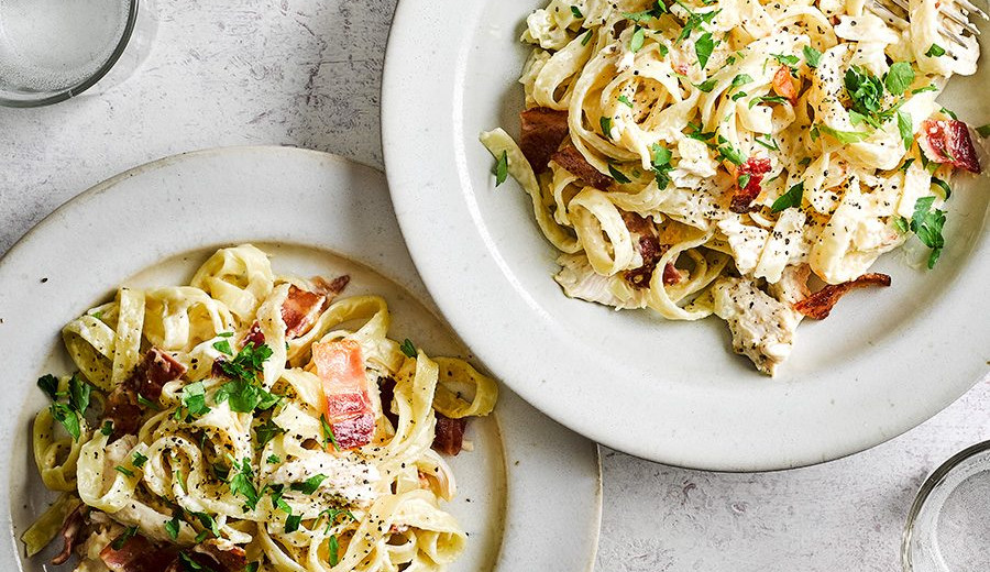 Pasta Tossed with Chicken, Bacon, and Seasonal Vegetables