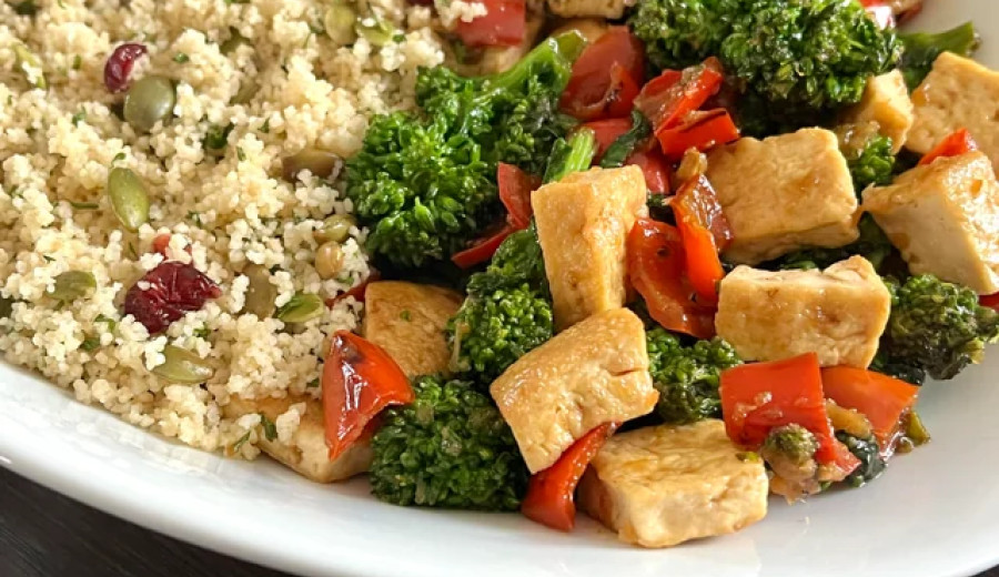 Tofu and Veggie Stir-Fry Served with Couscous