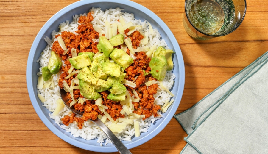 Tex-Mex Beef Bowl Topped with Avocado Cilantro Dressing